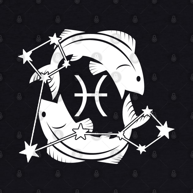 Pisces - Zodiac Astrology Symbol with Constellation and Fish Design (Symbol Only - White on Black Variant) by Occult Designs